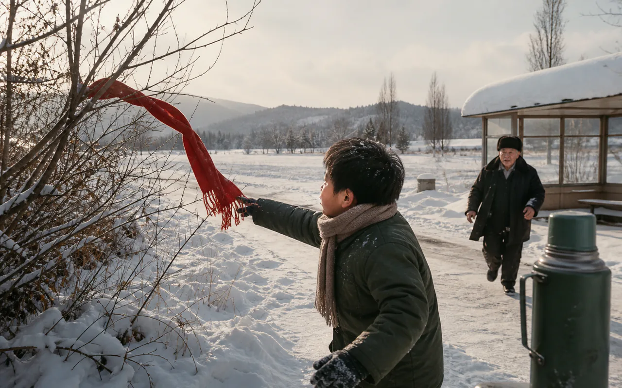 雪地公交站旁，孩子追随树枝上的红围巾，祖父从远处赶来