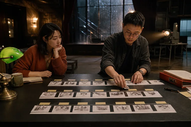 顾言把五组原文事件画面卡按时序铺成长条